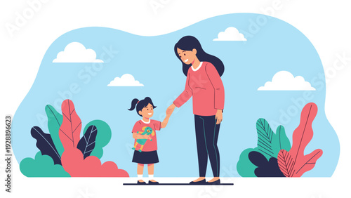 Happy mother walking hand in hand with her young daughter holding a teddy bear in a bright and colorful public park.