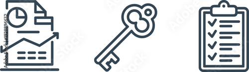 Business analysis report with rising graph icon, metal key and project management checklist clipboard for success