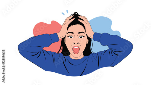 Young woman with an expressive face holding her head in shock, surprise, or intense stress against a red and blue background.