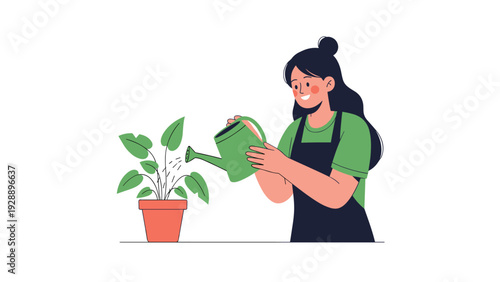Young woman wearing an apron carefully watering a green potted plant with a watering can in a garden or home setting.