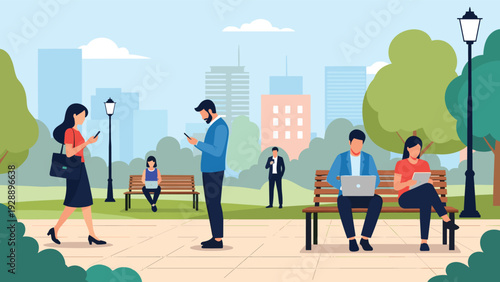 Urban park scene with several diverse people using laptops, tablets, and smartphones while sitting on benches or walking.