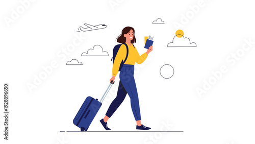 Young woman walking with a suitcase while holding a passport and flight tickets for her summer vacation trip abroad.