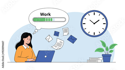 Young woman working on her laptop late at night with a large clock on the wall and emails flying in the background.