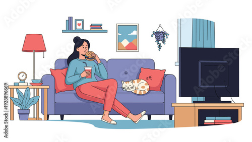 Relaxed woman sitting on a comfortable sofa eating a burger and drinking soda while watching television with her cat.