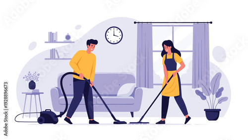 Young couple working together to clean their living room using a vacuum cleaner and a mop for a tidy home environment.