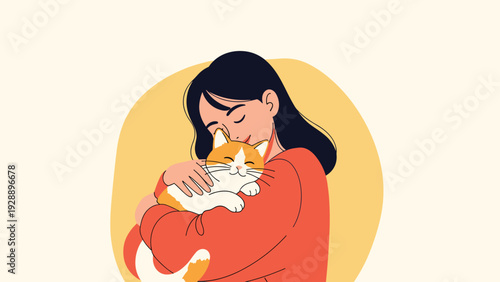 Loving woman hugging her ginger cat closely as a sign of affection and friendship between a pet owner and animal.