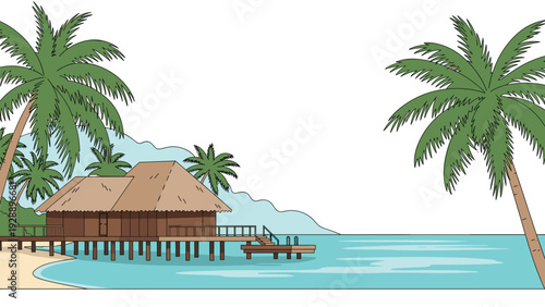 Beautiful tropical resort featuring a wooden bungalow on stilts over clear blue water with palm trees and a sandy beach.