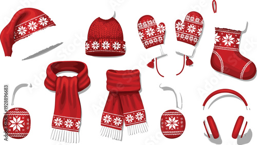Christmas winter accessories vector illustration set with red knitted hat, scarf, mittens, socks, earmuffs, and festive holiday clothing elements