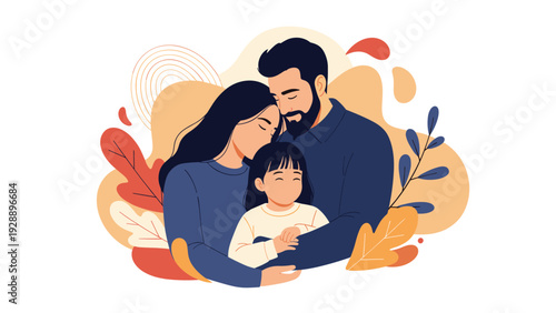 Loving mother, father, and young daughter embracing in a warm family hug surrounded by abstract decorative leaves.