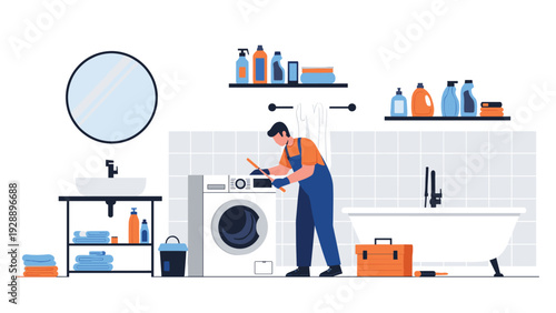 Professional plumber in uniform repairing a washing machine in a modern bathroom equipped with a bathtub and sink.
