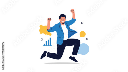 Successful businessman jumping in the air with excitement and celebrating a professional achievement or positive growth.