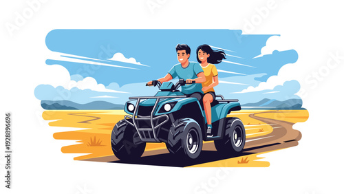 Young couple riding an all-terrain vehicle through a sunny desert landscape during their outdoor adventure vacation.