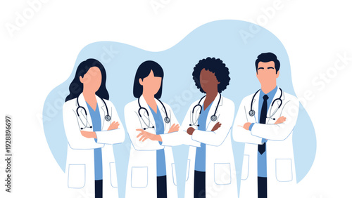 Group of diverse professional medical doctors wearing white coats and stethoscopes standing together with confidence.