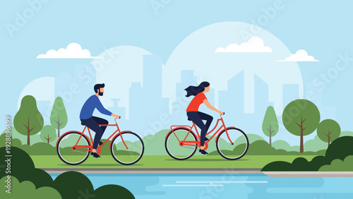Man and woman riding bicycles along a path in a beautiful city park with trees, a lake, and buildings in the distance.
