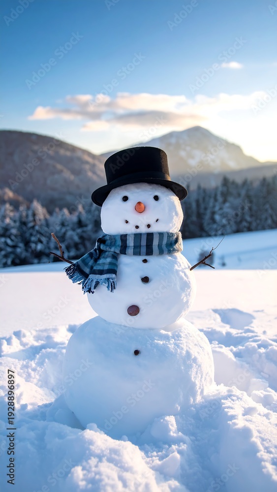 Obraz premium A snowman in a snowy landscape with mountains