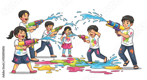 Joyful Kids Splashing Color With Water Guns