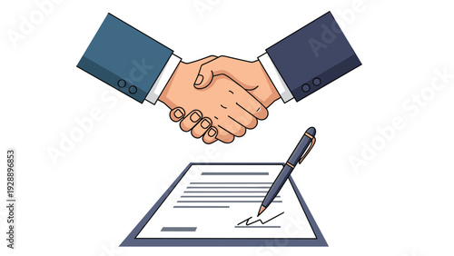 Successful business deal represented by a professional handshake between two people over a signed legal contract document.