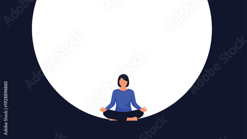 Peaceful woman meditating in a lotus position in front of a large white moon symbolizing tranquility and mindfulness.
