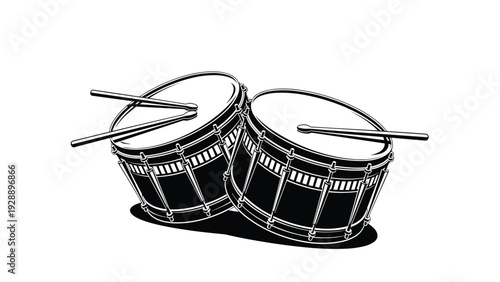 Pair of classic black drums with wooden drumsticks resting on them against a white background for musical performance.