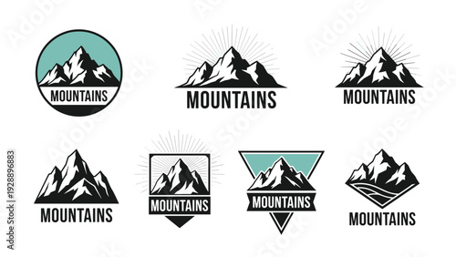 Set of vintage mountain landscape logo designs with sunbursts and geometric shapes for outdoor adventure and travel brands.