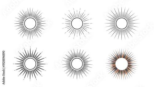 Minimalist sunburst icons featuring various thin line rays around a circle symbolizing sun light and summer energy.
