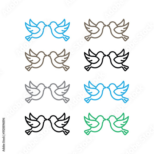 Set of Color Line Art Doves Pair Icons for Love, Wedding and Romantic Designs