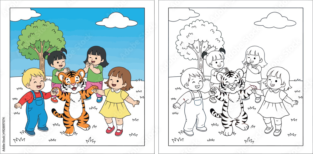 Fototapeta premium Cute cartoon vector illustration of happy kids dancing and holding hands with a friendly tiger