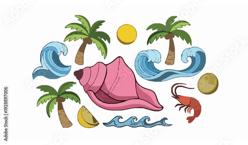 Colorful Tropical Beach Doodle Elements Vector Set with Conch Shell Palm Trees Waves Sun Lemon and Shrimp