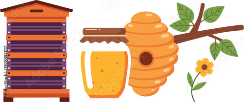 Beekeeping honey vector illustration set with beehive, honey jar, beehive nest, branch, and flower, natural organic apiculture concept isolated