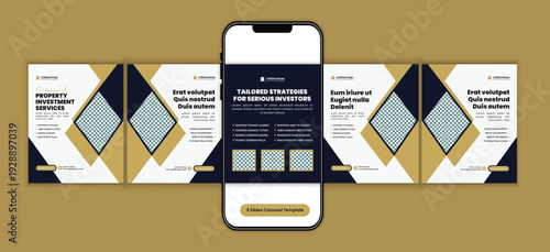 Modern real estate property investment social media carousel template, corporate business campaign design for real estate agency marketing, and premium housing campaign