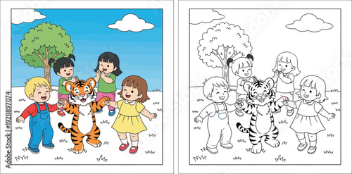Cute cartoon vector illustration of happy kids dancing and holding hands with a friendly tiger