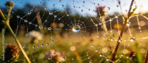 Obraz Wide View of a Spider Web Covered in Sparkling Dew Drops at Dawn, Intricate Cobweb Pattern with Crystal Water Droplets Reflecting Golden Sunrise Light in a Serene Morning Meadow Landscape.