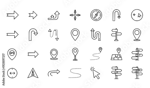 Editable outline guidance and direction icons set for maps, navigation, and travel illustrations
