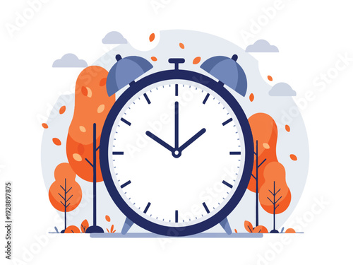 Cartoon illustration of an alarm clock surrounded by autumn trees and leaves  seasonal concept