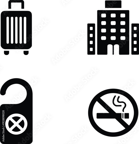 Hotel icon set with travel suitcase, building, do not disturb door hanger and no smoking sign