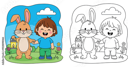 Happy little boy holding hands with a cute brown rabbit carrying a lantern, vector illustration