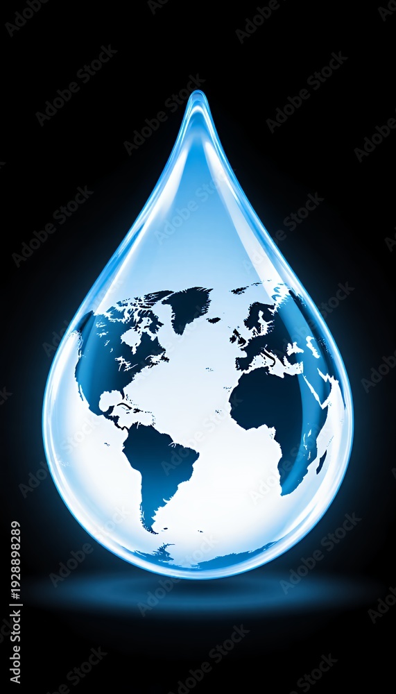 Obraz premium Water Drop with World Map Design, Blue and Transparent