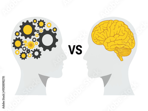 Creative thinking versus logical thinking  two heads with gear and brain inside