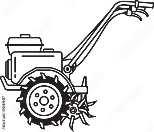 A detailed outline of a walk behind tractor, featuring its engine, large wheel, and rotating tilling blades for farming