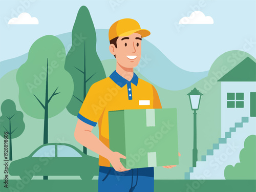 Delivery man holding box in front of house and car in green landscape with trees and mountains