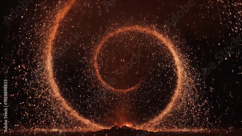 A fiery, swirling vortex of sparks in a dark space, with a glowing central point