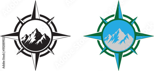 Compass rose with mountain landscape signifies navigation direction adventure travel exploration and outdoor activities