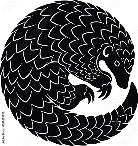 Black pangolin curled up in defensive ball pose silhouette vector artwork