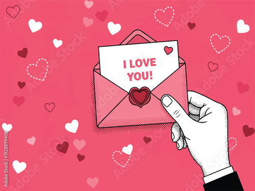 Hand holding pink envelope with I love you card and hearts  valentines day concept