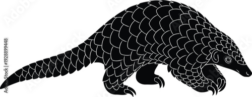 Simple black pangolin with scales, walking wild animal art vector graphic