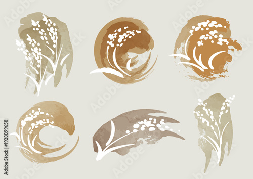 稲の和風お米ロゴマークイラストセット