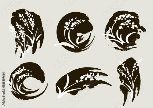 稲の和風お米ロゴマークイラストセット