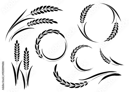 稲の和風お米ロゴマークイラストセット