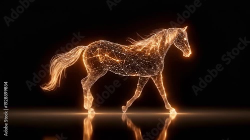 Digital glowing horse composed of interconnected golden particles, glowing gracefully