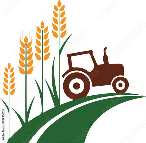 Farmer driving tractor in wheat field with stalks of grain signifies agriculture food production and rural countryside life